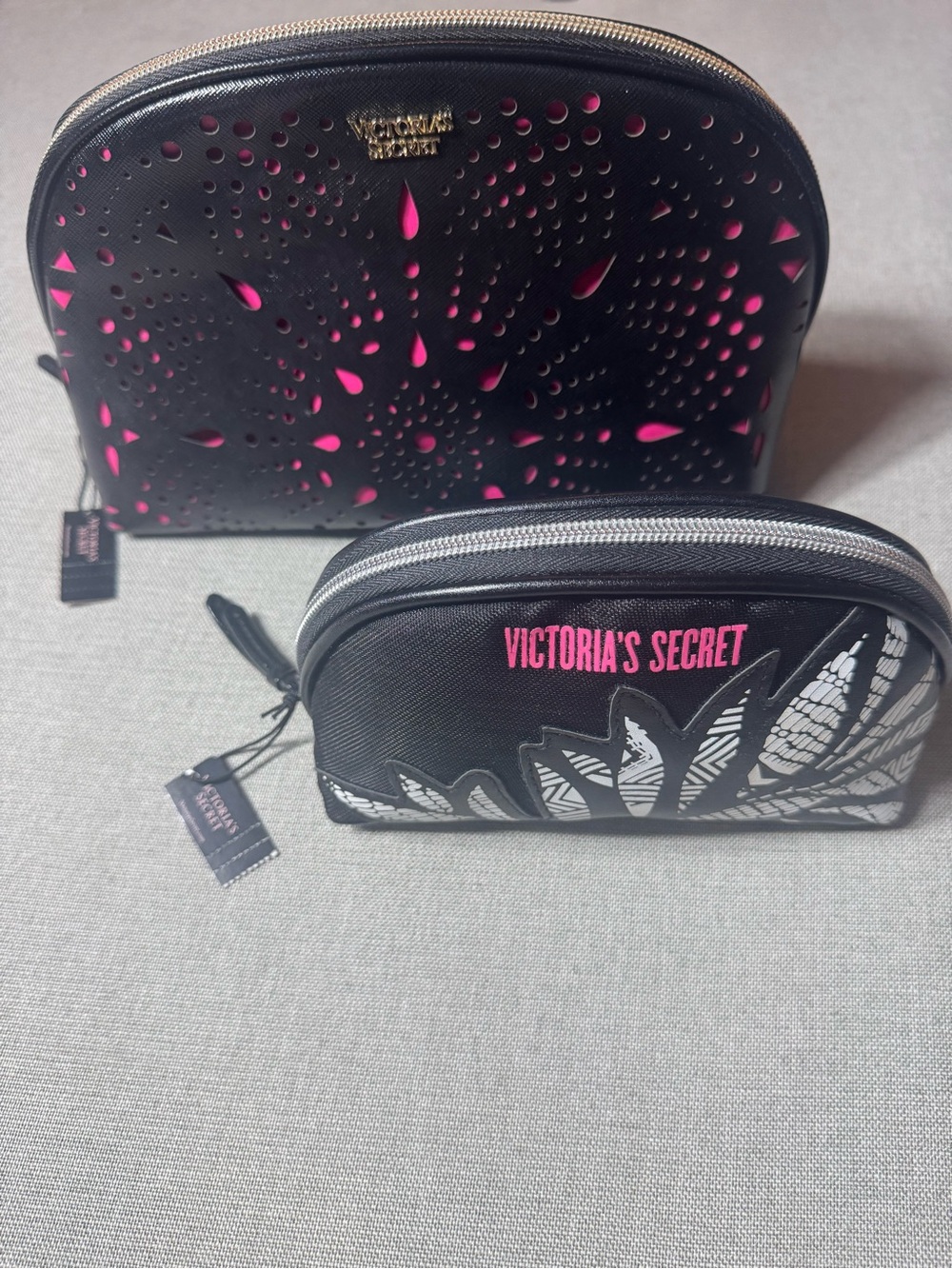 Victoria's Secret Black & Hot Pink Perforated Cosmetic Pouch Duo